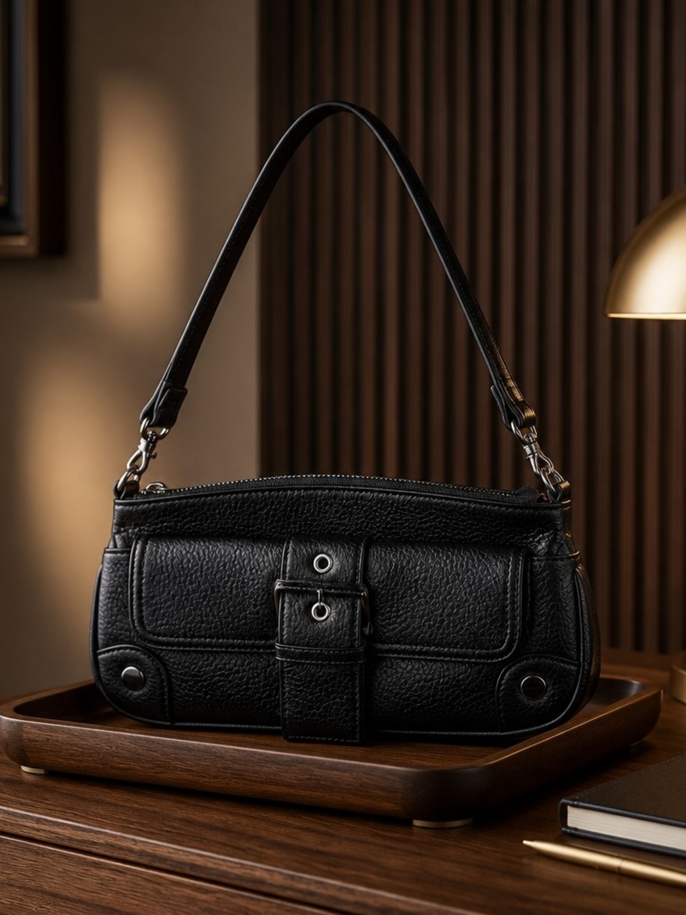 Classic Black Leather Shoulder Bag